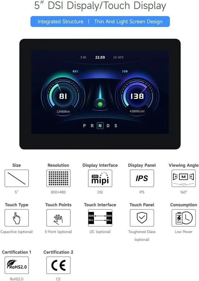 Alt view image 3 of 7 - waveshare 5inch DSI Display, 800 × 480 Resolution, IPS, Compatible with Raspberry Pi 5/4B/3B+/3A+/3B/2B/B+/A+, CM3/3+/4, No Touch Version