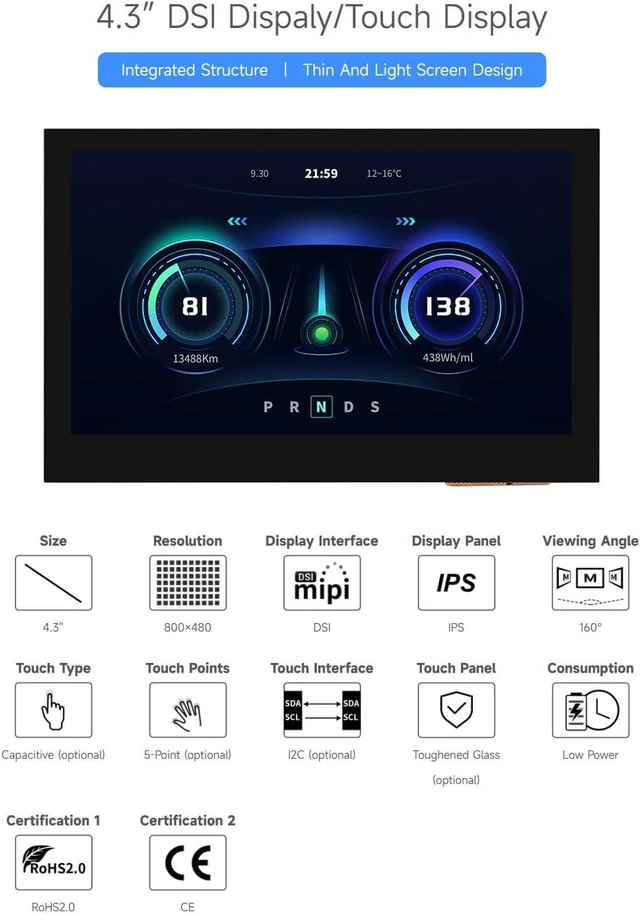 Alt view image 3 of 7 - waveshare 4.3inch DSI Display, 800 × 480 Resolution, IPS, Compatible with Raspberry Pi 5/4B/3B+/3A+/3B/2B/B+/A+, CM3/3+/4, No Touch Version
