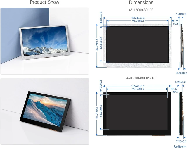 Alt view image 6 of 7 - waveshare 4.3inch DSI Display, 800 × 480 Resolution, IPS, Compatible with Raspberry Pi 5/4B/3B+/3A+/3B/2B/B+/A+, CM3/3+/4, No Touch Version