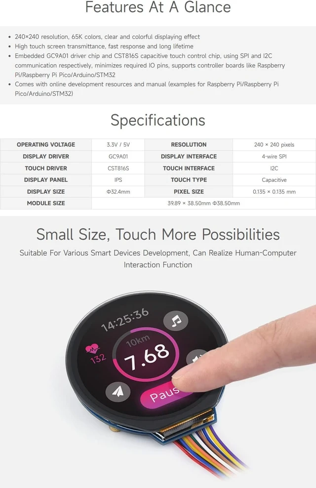 Alt view image 6 of 7 - waveshare 1.28inch Round LCD Display Module with Touch Panel, 240×240 Resolution, IPS, SPI and I2C Communication, Compatible with Raspberry Pi 5/4B/3B/Zero/Zero W/Zero 2W/Pico/Pico W/Pico WH
