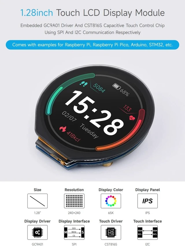 Alt view image 5 of 7 - waveshare 1.28inch Round LCD Display Module with Touch Panel, 240×240 Resolution, IPS, SPI and I2C Communication, Compatible with Raspberry Pi 5/4B/3B/Zero/Zero W/Zero 2W/Pico/Pico W/Pico WH