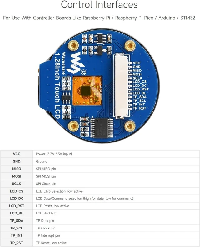 Alt view image 7 of 7 - waveshare 1.28inch Round LCD Display Module with Touch Panel, 240×240 Resolution, IPS, SPI and I2C Communication, Compatible with Raspberry Pi 5/4B/3B/Zero/Zero W/Zero 2W/Pico/Pico W/Pico WH