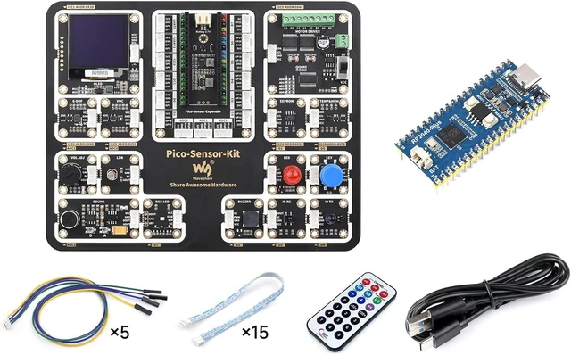 Main image of Waveshare Entry-Level Sensor Kit Compatible with Raspberry Pi Pico, Including Pico Expansion Board and 15 Common Modules-Sensor Kit + RP2040-Plus-M