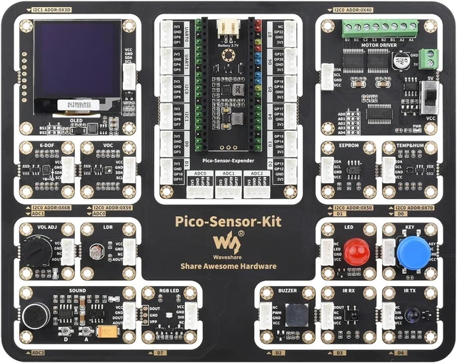 Main image of Waveshare Entry-Level Sensor Kit Compatible with Raspberry Pi Pico, Including Pico Expansion Board and 15 Common Modules-Sensor Kit + Raspberry-Pi-Pico-W-M