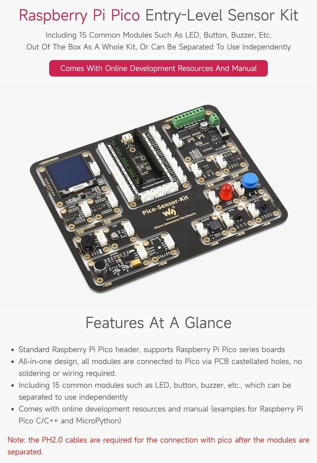 Alt view image 3 of 7 - Waveshare Entry-Level Sensor Kit Compatible with Raspberry Pi Pico, Including Pico Expansion Board and 15 Common Modules-Sensor Kit + Raspberry-Pi-Pico-W-M
