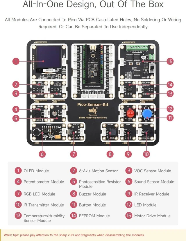Alt view image 7 of 7 - Waveshare Entry-Level Sensor Kit Compatible with Raspberry Pi Pico, Including Pico Expansion Board and 15 Common Modules-Sensor Kit + Raspberry-Pi-Pico-W-M