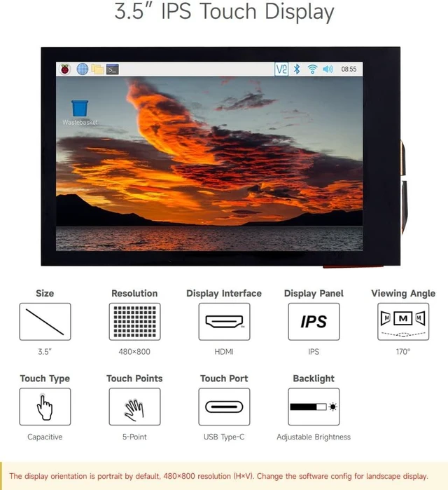 Alt view image 3 of 7 - waveshare 3.5inch IPS Capacitive Touch LCD Display, Compatible with Raspberry Pi 5/4B/3B/Zero/Zero W/Zero 2W/Pico/Pico W/Pico WH, 480×800, Adjustable Brightness