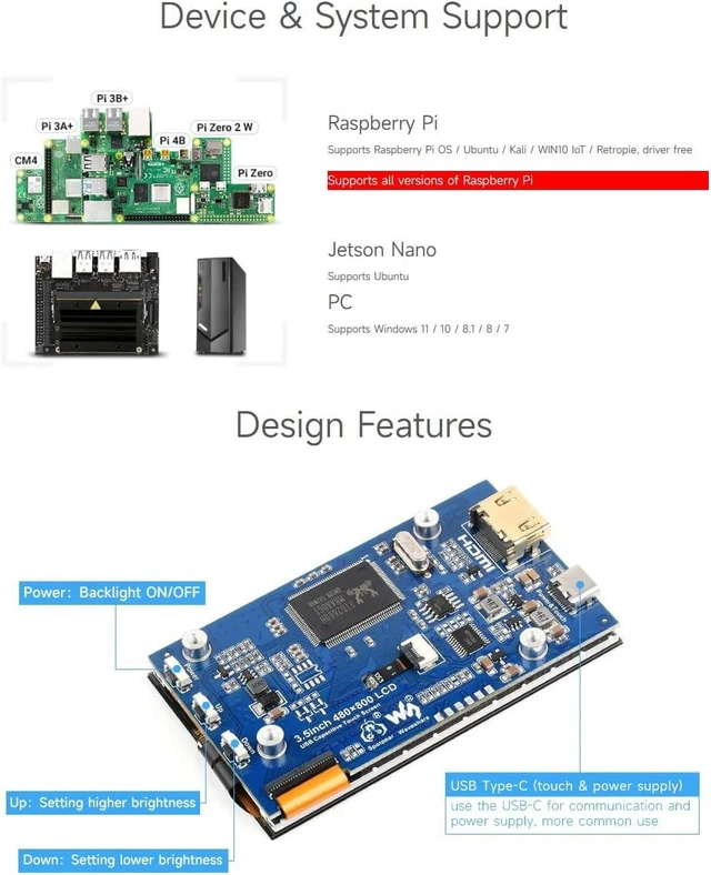 Alt view image 4 of 7 - waveshare 3.5inch IPS Capacitive Touch LCD Display, Compatible with Raspberry Pi 5/4B/3B/Zero/Zero W/Zero 2W/Pico/Pico W/Pico WH, 480×800, Adjustable Brightness