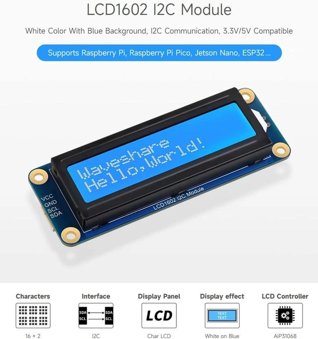 Alt view image 3 of 6 - Waveshare LCD1602 I2C Module, White Color with Blue Background, 16x2 Characters LCD, 3.3V/5V