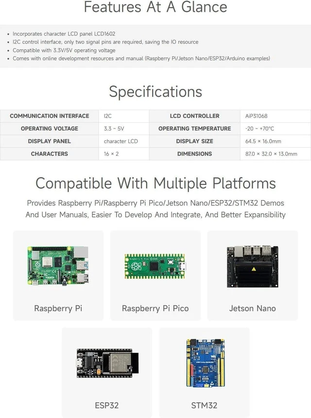 Alt view image 4 of 6 - Waveshare LCD1602 I2C Module, White Color with Blue Background, 16x2 Characters LCD, 3.3V/5V