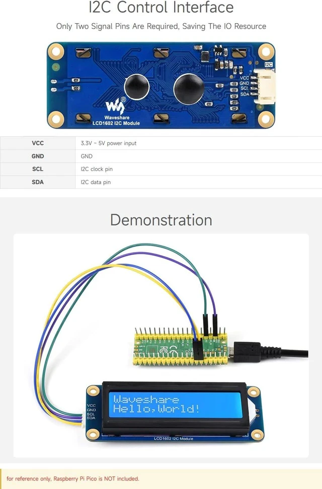 Alt view image 5 of 6 - Waveshare LCD1602 I2C Module, White Color with Blue Background, 16x2 Characters LCD, 3.3V/5V