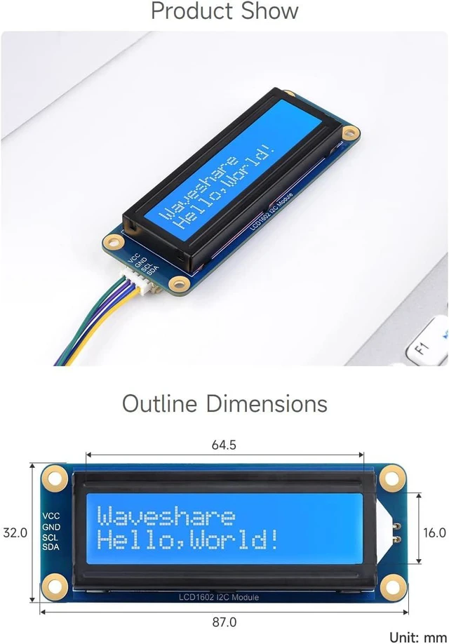Alt view image 6 of 6 - Waveshare LCD1602 I2C Module, White Color with Blue Background, 16x2 Characters LCD, 3.3V/5V