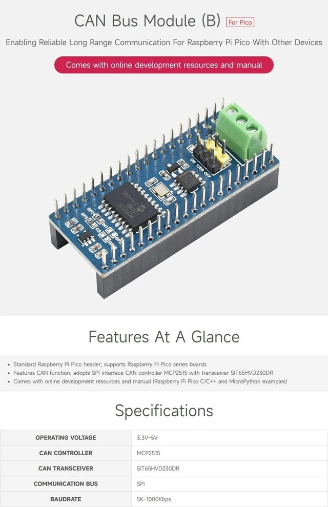 Alt view image 2 of 5 - Waveshare CAN Bus Module (B) Compatible with Raspberry Pi Pico, Enabling Long Range Communication Through SPI