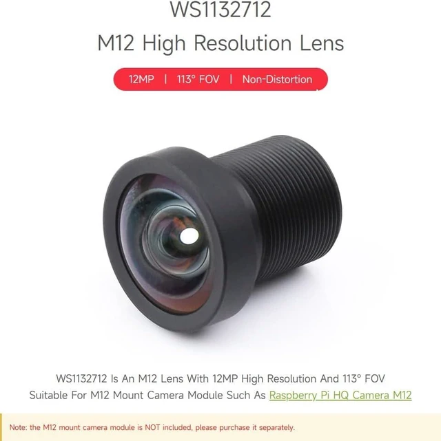 Alt view image 3 of 6 - waveshare M12 High Resolution Lens, 12MP, 113° FOV, 2.7mm Focal Length, Compatible with Raspberry Pi Camera M12