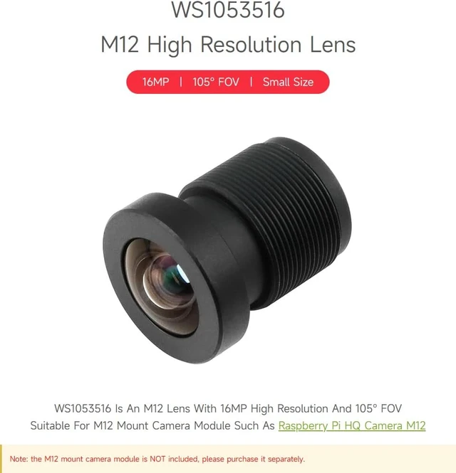 Alt view image 3 of 6 - waveshare M12 High Resolution Lens, 16MP, 105° FOV, 3.56mm Focal Length, Compatible with Raspberry Pi Camera M12