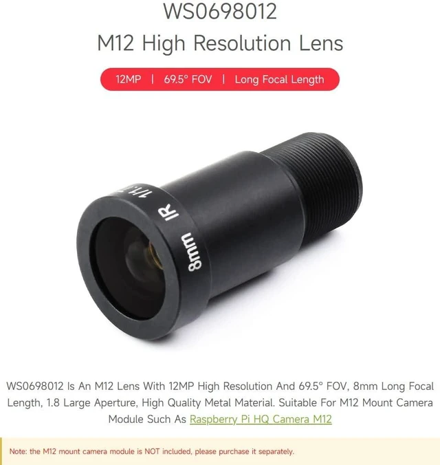 Alt view image 3 of 6 - waveshare M12 High Resolution Lens, 12MP, 69.5° FOV, 8mm Focal Length, Compatible with Raspberry Pi Camera M12