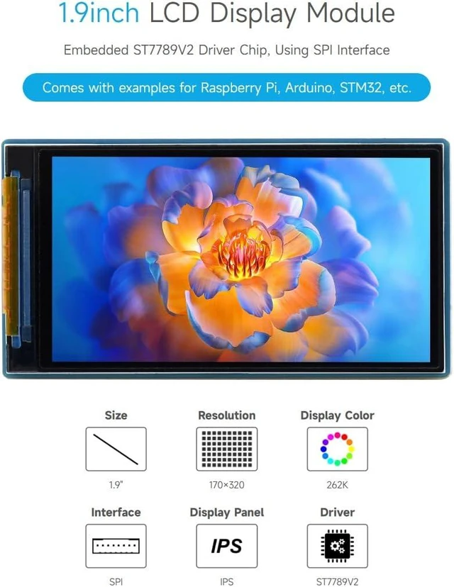 Alt view image 3 of 7 - Waveshare 1.9inch LCD Display Module, 170×320 Resolution, SPI Interface, IPS, 262K Colors