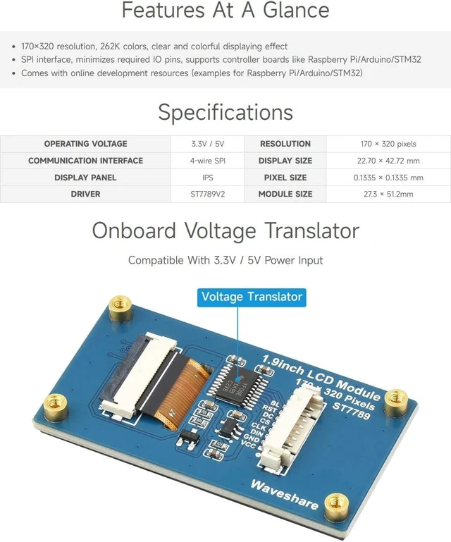 Alt view image 4 of 7 - Waveshare 1.9inch LCD Display Module, 170×320 Resolution, SPI Interface, IPS, 262K Colors