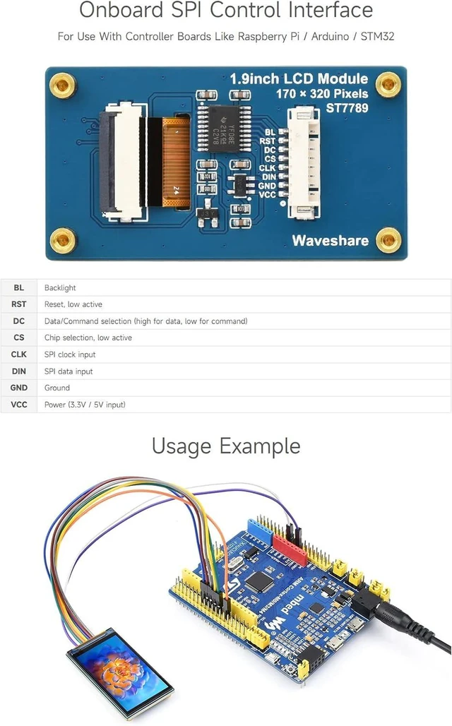 Alt view image 5 of 7 - Waveshare 1.9inch LCD Display Module, 170×320 Resolution, SPI Interface, IPS, 262K Colors