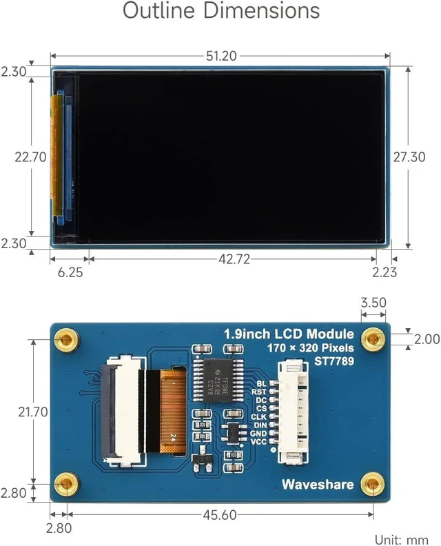 Alt view image 7 of 7 - Waveshare 1.9inch LCD Display Module, 170×320 Resolution, SPI Interface, IPS, 262K Colors