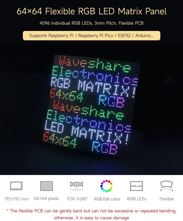 Alt view image 3 of 7 - Waveshare Flexible RGB Full-Color LED Matrix Panel, 3mm Pitch, 64×64 Pixels, Adjustable Brightness and Bendable PCB, Compatible with Raspberry Pi 5/4B/3B/Zero/Zero W/Zero 2W/Pico/Pico W/Pico WH