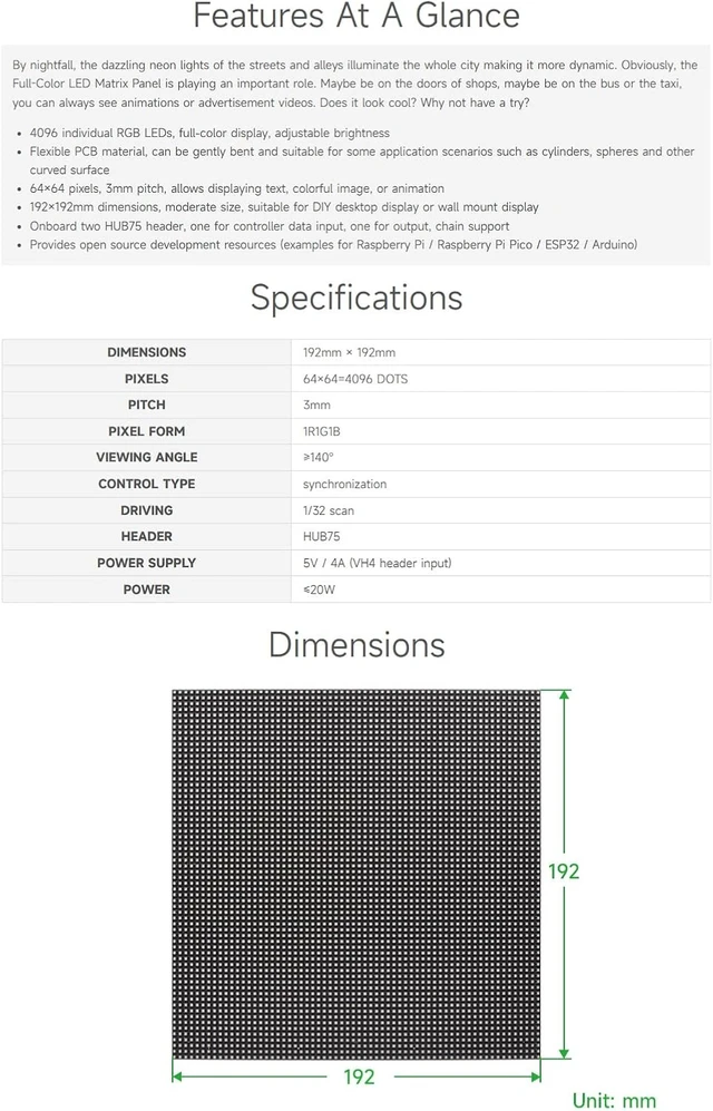 Alt view image 4 of 7 - Waveshare Flexible RGB Full-Color LED Matrix Panel, 3mm Pitch, 64×64 Pixels, Adjustable Brightness and Bendable PCB, Compatible with Raspberry Pi 5/4B/3B/Zero/Zero W/Zero 2W/Pico/Pico W/Pico WH