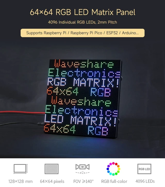 Alt view image 3 of 7 - Waveshare RGB Full-Color LED Matrix Panel, 2mm Pitch, 64×64 Pixels, Adjustable Brightness, Compatible with Raspberry Pi 5/4B/3B/Zero/Zero W/Zero 2W/Pico/Pico W/Pico WH