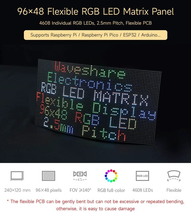 Alt view image 3 of 7 - Waveshare Flexible RGB Full-Color LED Matrix Panel, 2.5mm Pitch, 96×48 Pixels, Adjustable Brightness and Bendable PCB, Compatible with Raspberry Pi 5/4B/3B/Zero/Zero W/Zero 2W/Pico/Pico W/Pico WH