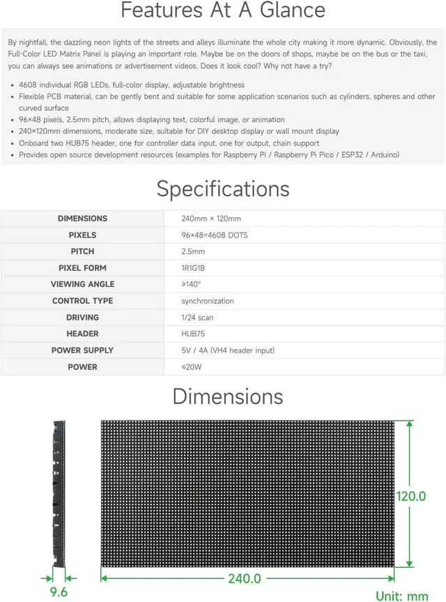 Alt view image 4 of 7 - Waveshare Flexible RGB Full-Color LED Matrix Panel, 2.5mm Pitch, 96×48 Pixels, Adjustable Brightness and Bendable PCB, Compatible with Raspberry Pi 5/4B/3B/Zero/Zero W/Zero 2W/Pico/Pico W/Pico WH