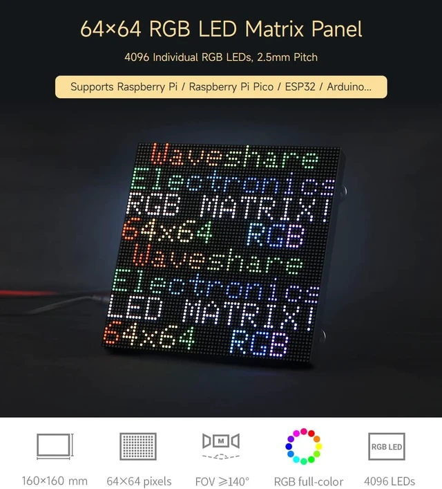 Alt view image 3 of 7 - Waveshare RGB Full-Color LED Matrix Panel, 2.5mm Pitch, 64×64 Pixels, Adjustable Brightness, Compatible with Raspberry Pi 5/4B/3B/Zero/Zero W/Zero 2W/Pico/Pico W/Pico WH