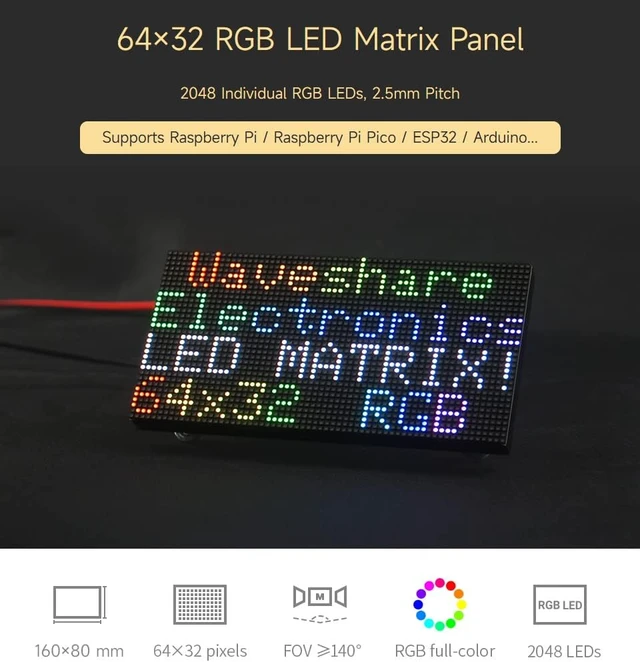 Alt view image 3 of 7 - waveshare RGB Full-Color LED Matrix Panel, 2.5mm Pitch, 64×32 Pixels, Adjustable Brightness, Compatible with Raspberry Pi 5/4B/3B/Zero/Zero W/Zero 2W/Pico/Pico W/Pico WH