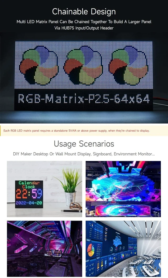 Alt view image 6 of 7 - Waveshare RGB Full-Color LED Matrix Panel, 2.5mm Pitch, 64×64 Pixels, Adjustable Brightness, Compatible with Raspberry Pi 5/4B/3B/Zero/Zero W/Zero 2W/Pico/Pico W/Pico WH