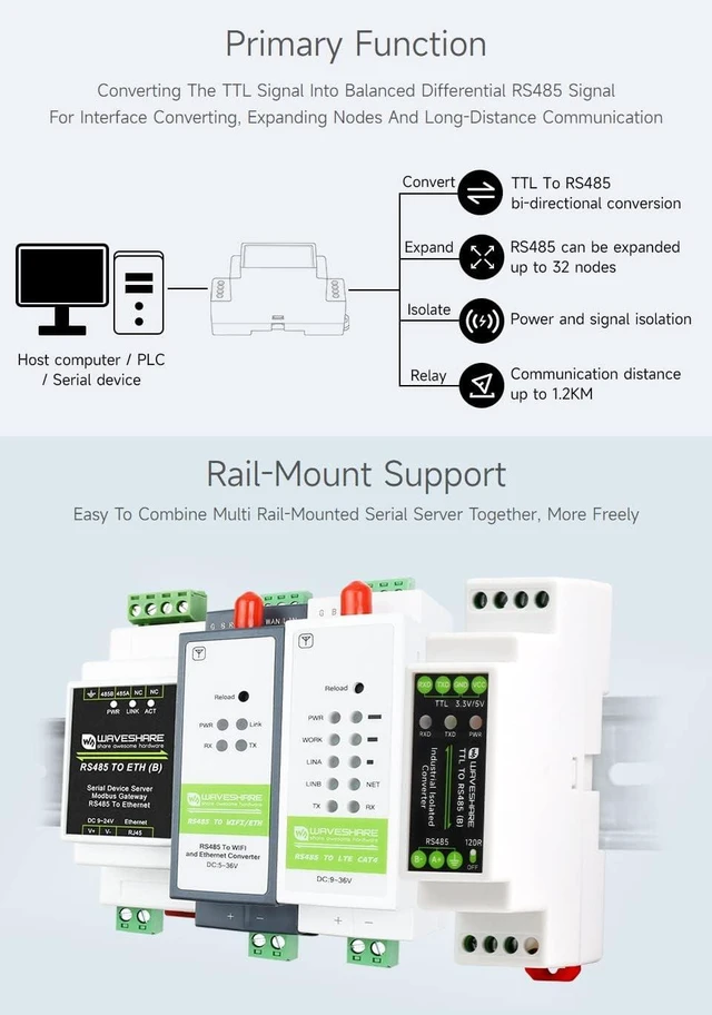Alt view image 5 of 7 - Waveshare Rail-Mount TTL to RS485 Isolated Converter, Multi-Isolation Protection, Compatible with TTL/RS485 Standard