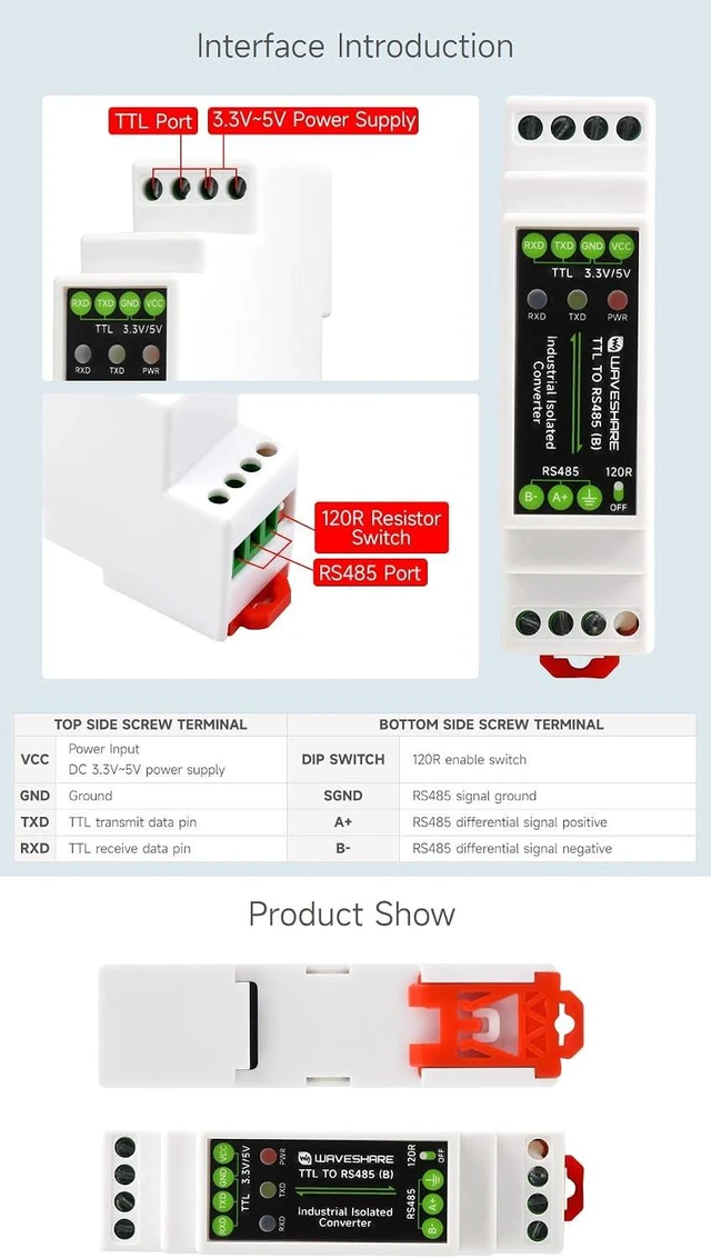 Alt view image 7 of 7 - Waveshare Rail-Mount TTL to RS485 Isolated Converter, Multi-Isolation Protection, Compatible with TTL/RS485 Standard