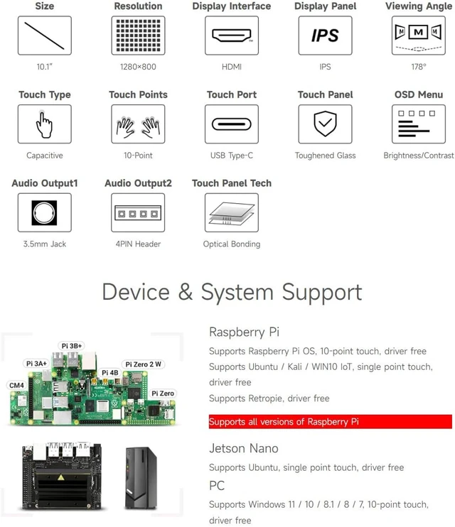 Alt view image 4 of 7 - waveshare 10.1inch Capacitive Touch LCD IPS Display, 1280×800 Resolution, HDMI Interface, Compatible with Raspberry Pi 5/4B/3B/Zero/Zero W/Zero 2W/Pico/Pico W/Pico WH, Support Jetson Nano/PC