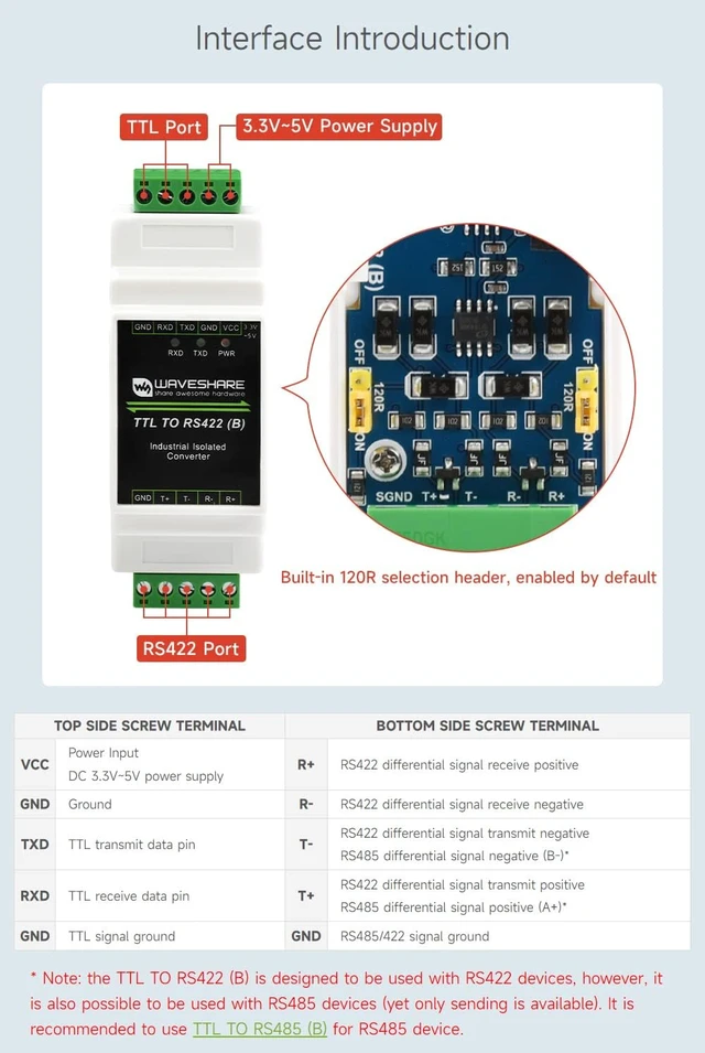 Alt view image 7 of 7 - Waveshare Rail-Mount TTL To RS422 Isolated Converter, Anti-Surge, Multiple Isolation Protection