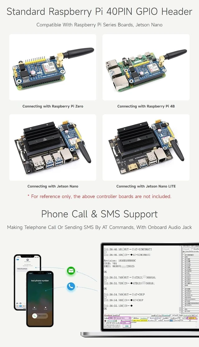Alt view image 5 of 7 - Waveshare R800C GSM/GPRS HAT Compatible with Raspberry Pi and Jetson Nano, Support 2G Communication Phone Call and SMS
