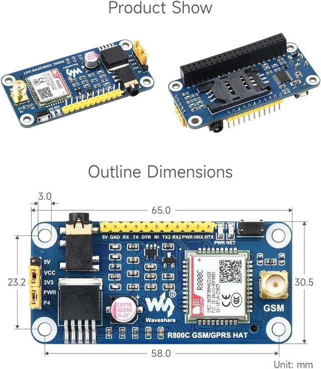 Alt view image 7 of 7 - Waveshare R800C GSM/GPRS HAT Compatible with Raspberry Pi and Jetson Nano, Support 2G Communication Phone Call and SMS