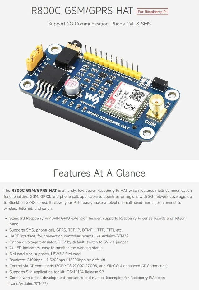 Alt view image 3 of 7 - Waveshare R800C GSM/GPRS HAT Compatible with Raspberry Pi and Jetson Nano, Support 2G Communication Phone Call and SMS