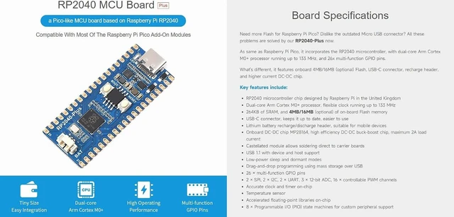 Alt view image 2 of 6 - Waveshare RP2040-Plus, A Low-Cost, High-Performance Pico-Like MCU Board Based On Raspberry Pi Microcontroller RP2040 16MB