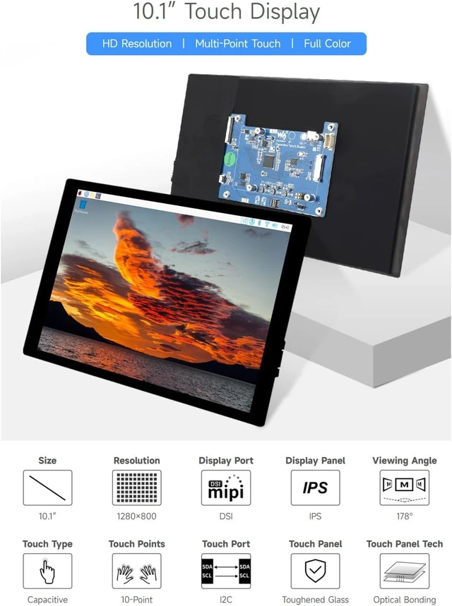 Alt view image 3 of 7 - waveshare 10.1inch Capacitive Touch Display Compatible with Raspberry Pi 5/4B/3B+/3A+, CM3/3+/4*, 1280×800, IPS, DSI Interface