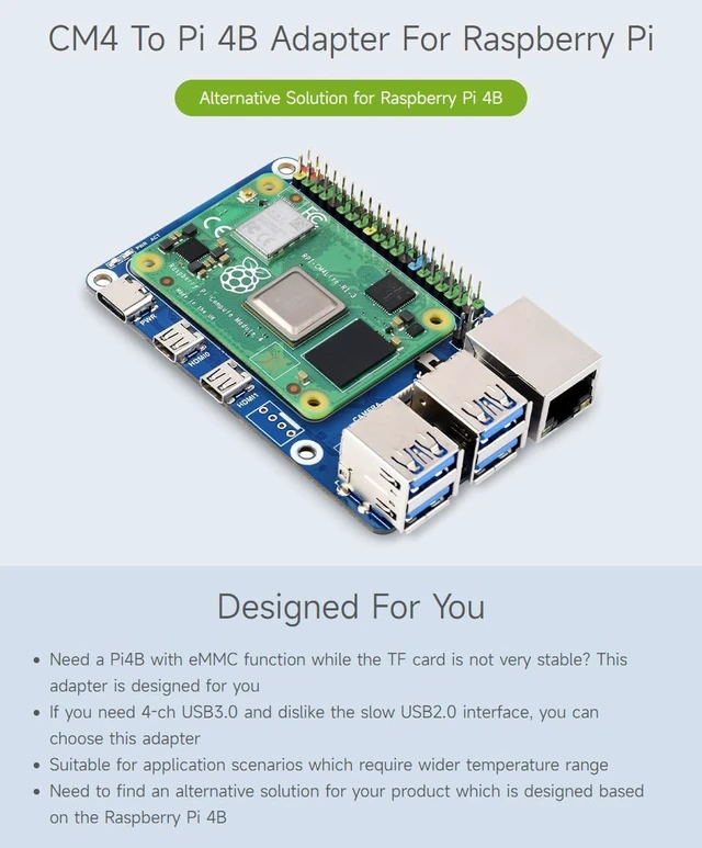 Alt view image 4 of 7 - Waveshare CM4 to Pi 4B Adapter - Compatible with Raspberry Pi 4B, CM4 Lite/eMMC series boards - USB 3.0, Ethernet - Linux