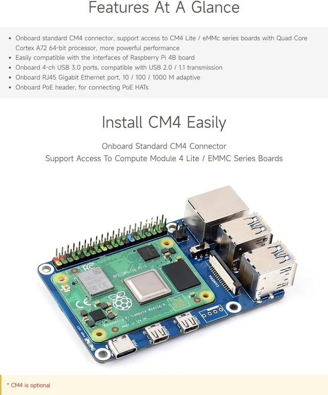 Alt view image 6 of 7 - Waveshare CM4 to Pi 4B Adapter - Compatible with Raspberry Pi 4B, CM4 Lite/eMMC series boards - USB 3.0, Ethernet - Linux