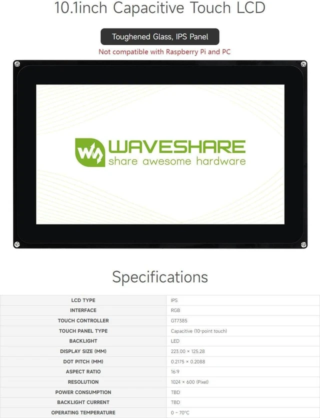 Alt view image 2 of 7 - waveshare 10.1inch Capacitive Touch LCD 1024 × 600 Resolution Toughened Glass IPS Panel