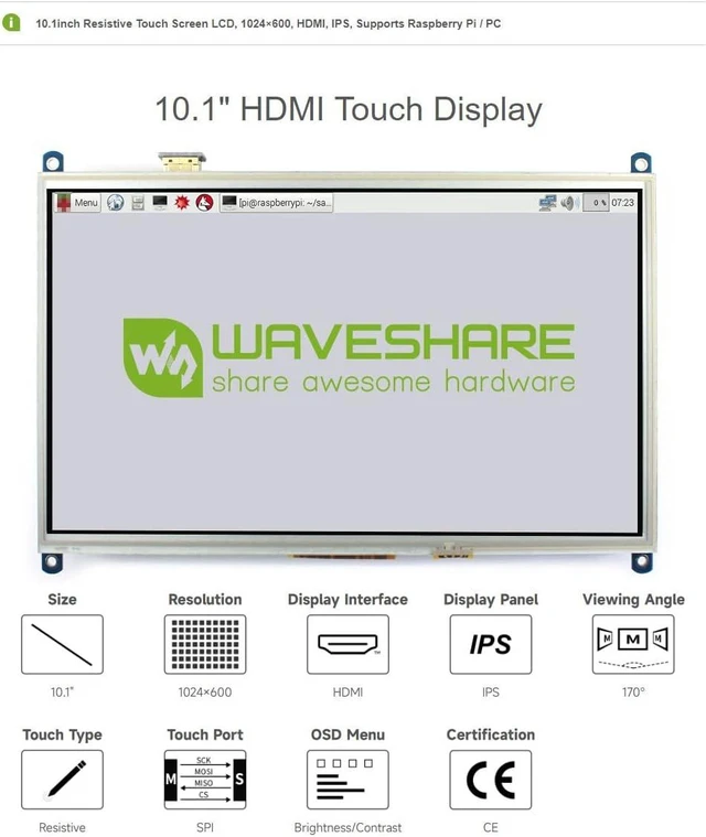 Alt view image 3 of 7 - Waveshare 10.1inch Resistive Touch Screen LCD HDMI IPS Display Compatible with Raspberry Pi 4B/3B+/3A+/3B/2B/1B+/1A+/Zero 2 W/Zero W/Zero and PC 1024×600 Resolution