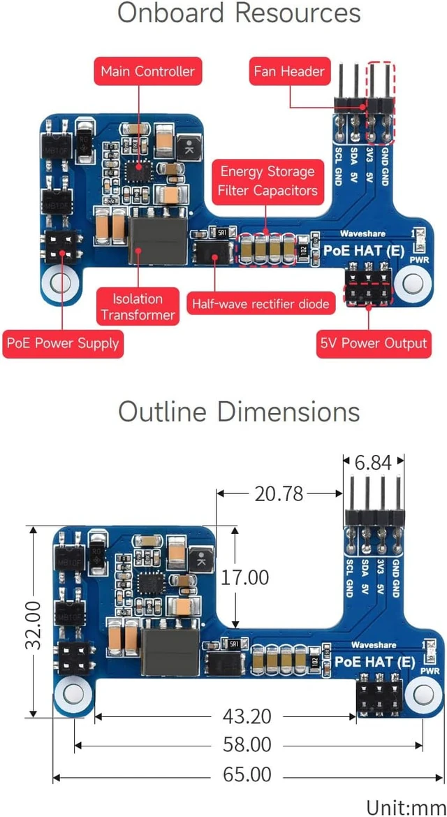 Alt view image 7 of 7 - Waveshare PoE HAT (E) Compatible with Raspberry Pi 3B+/4B 802.3af-Compliant, Fully Isolated Switched-Mode Power Supply (SMPS)