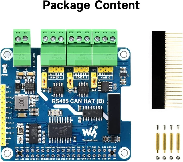 Alt view image 2 of 7 - Waveshare Isolated RS485 CAN HAT B, Compatible with Raspberry Pi 5/4B/3B/Zero/Zero W/Zero 2W/Pico/Pico W/Pico WH, Type 2-Ch RS485 and 1-Ch CAN Multi Protections