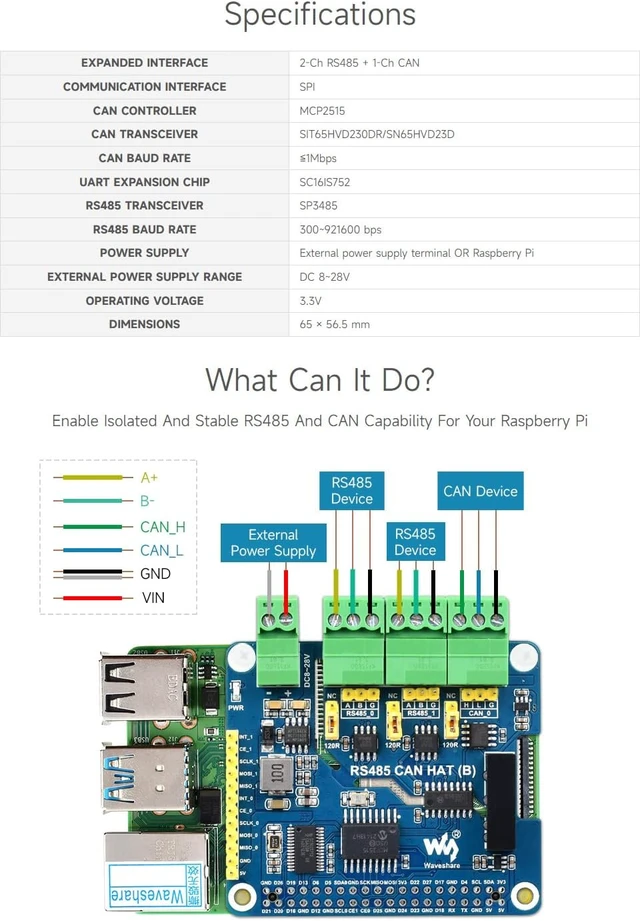 Alt view image 4 of 7 - Waveshare Isolated RS485 CAN HAT B, Compatible with Raspberry Pi 5/4B/3B/Zero/Zero W/Zero 2W/Pico/Pico W/Pico WH, Type 2-Ch RS485 and 1-Ch CAN Multi Protections