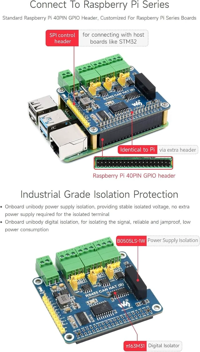 Alt view image 5 of 7 - Waveshare Isolated RS485 CAN HAT B, Compatible with Raspberry Pi 5/4B/3B/Zero/Zero W/Zero 2W/Pico/Pico W/Pico WH, Type 2-Ch RS485 and 1-Ch CAN Multi Protections