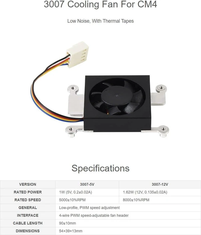 Alt view image 3 of 7 - Waveshare Dedicated 3007 Cooling Fan for Raspberry Pi Compute Module 4 CM4 Low Noise with Thermal Tapes 5V Power Supply